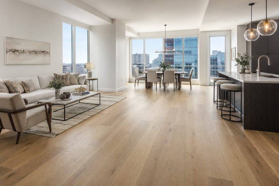 Wide-plank engineered hardwood in a modern upscale home