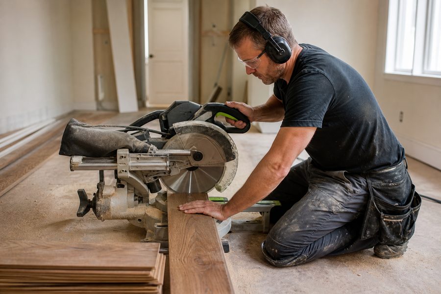 Professional cutting flooring material on site
