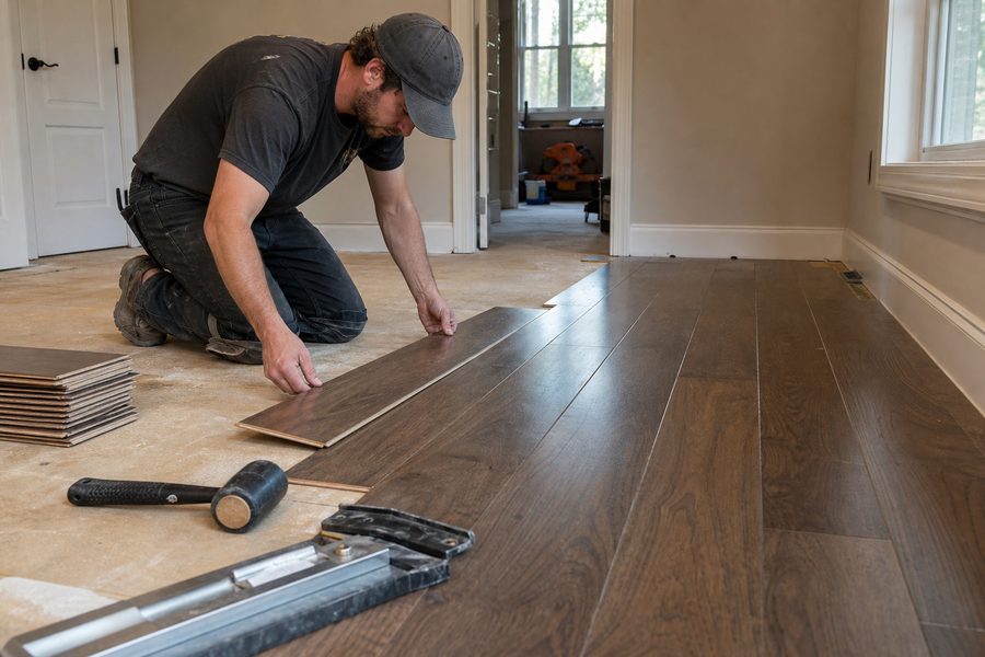Careful hardwood flooring installation in progress